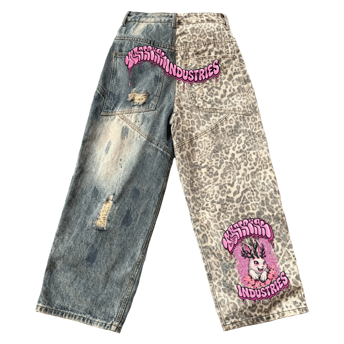 Unisex Washed Distressed Leopard Print Ripped Wide-leg Jeans