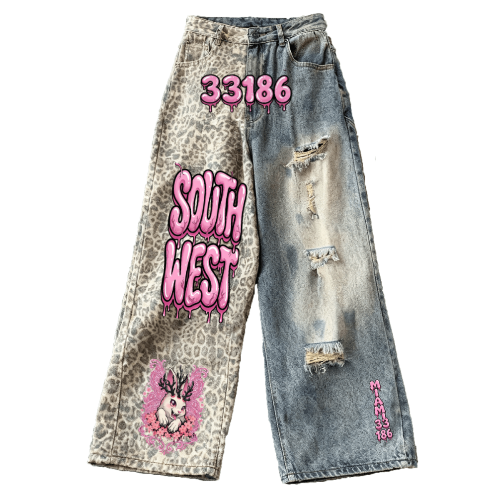 Unisex Washed Distressed Leopard Print Ripped Wide-leg Jeans