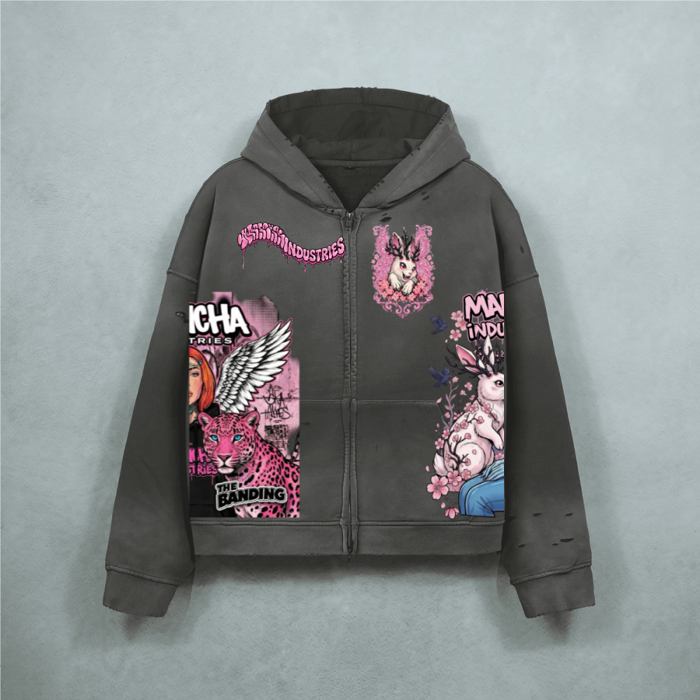 Unisex Heavyweight Washed Distressed Dystopian Streetwear Zip-Up Hoodie(420GSM)