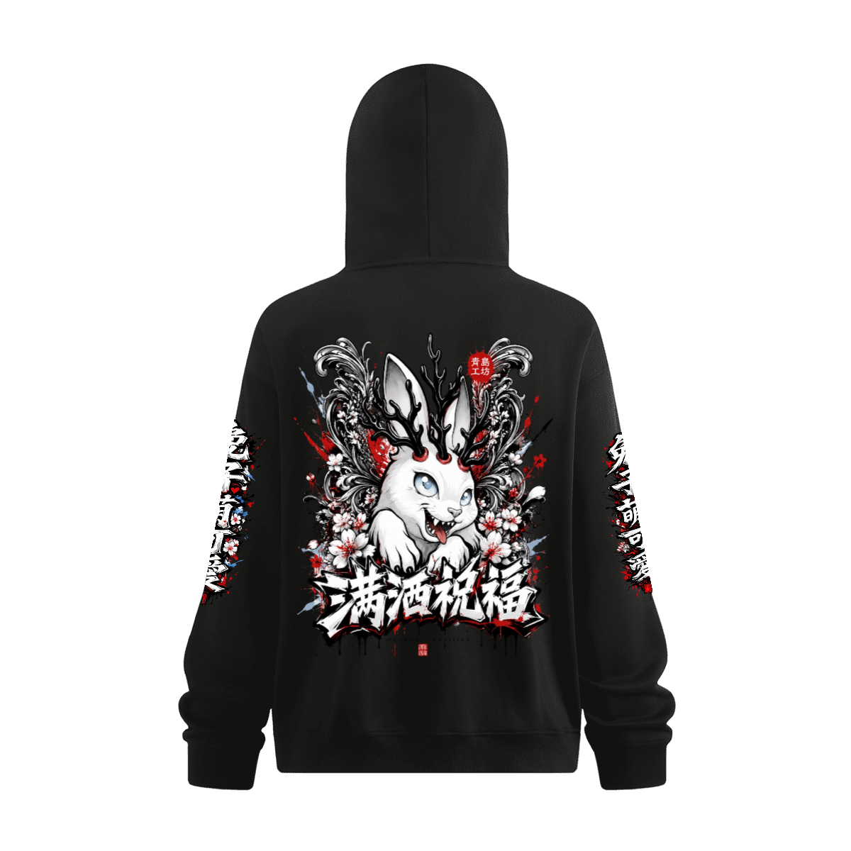Xi-lo ninja white bunny Heavyweight Windproof Sports Zip-Up Hoodie with Built-In Face Mask（340GSM）