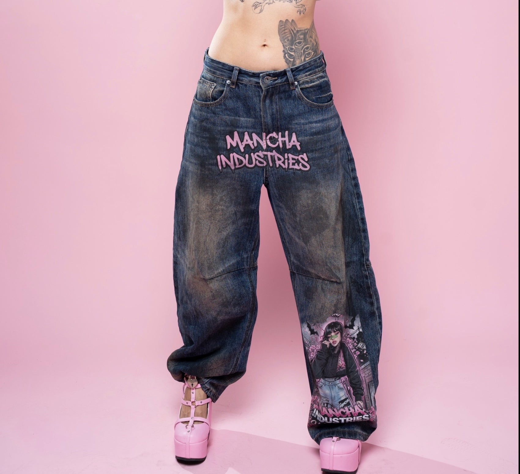 Iconic Mancha Unisex Patchwork Wide-leg Curved Blade Jeans