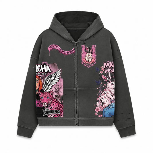Unisex Heavyweight Washed Distressed Dystopian Streetwear Zip-Up Hoodie(420GSM)