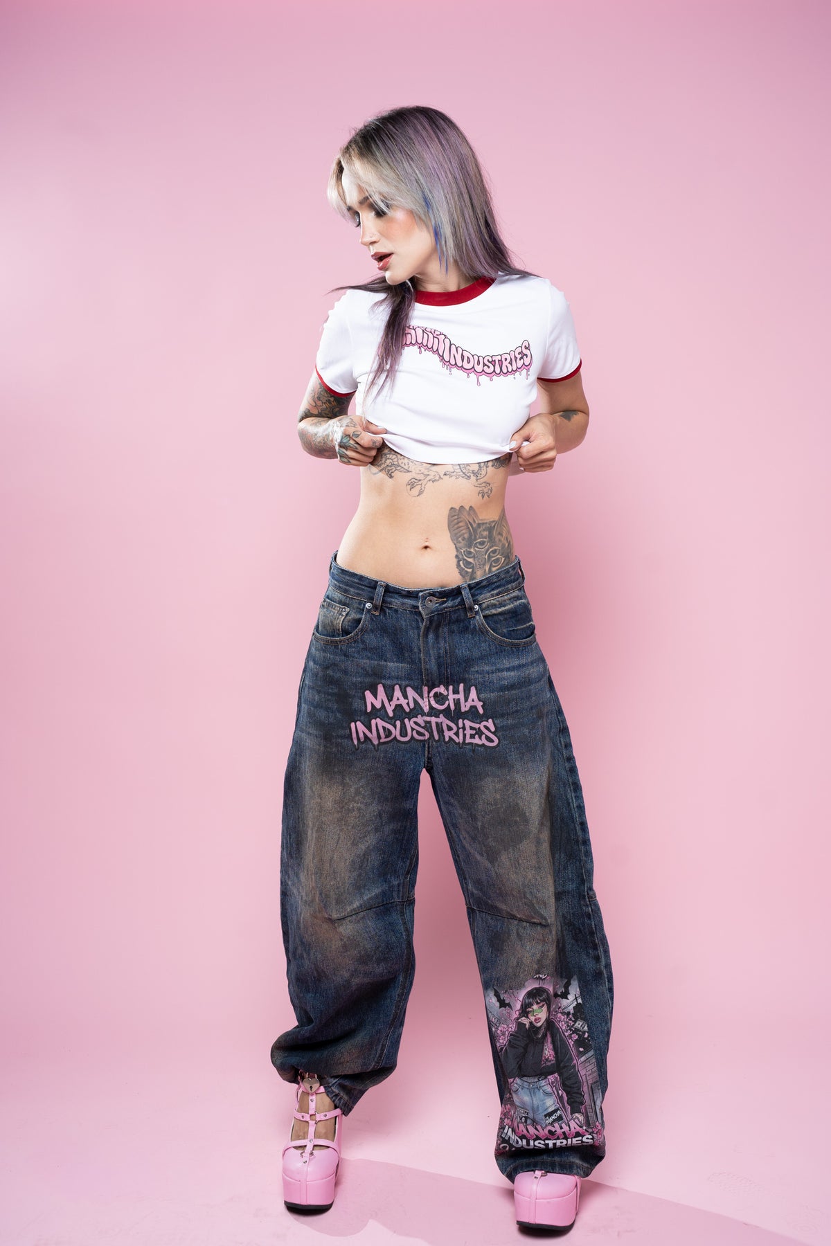 Iconic Mancha Unisex Patchwork Wide-leg Curved Blade Jeans