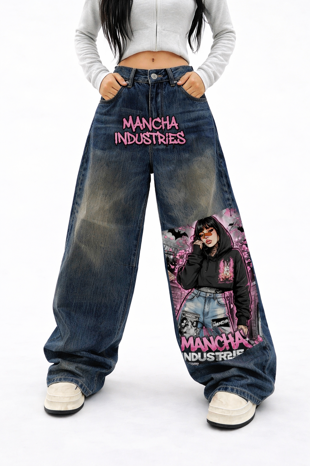 Iconic Mancha Unisex Patchwork Wide-leg Curved Blade Jeans