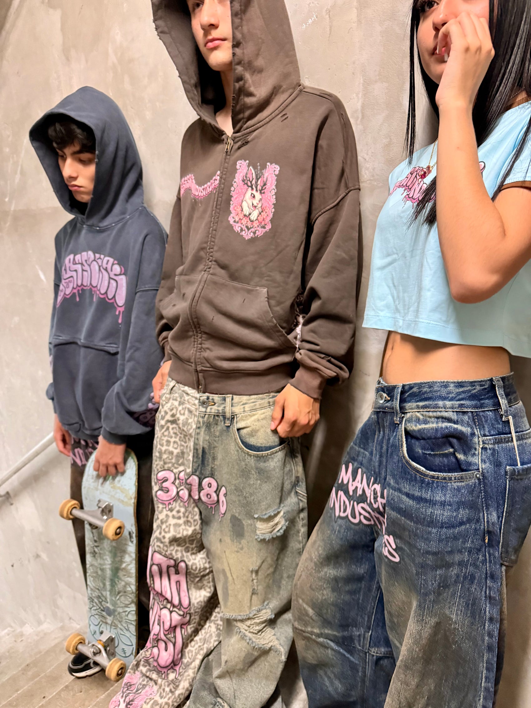 Unisex Washed Distressed Leopard Print Ripped Wide-leg Jeans