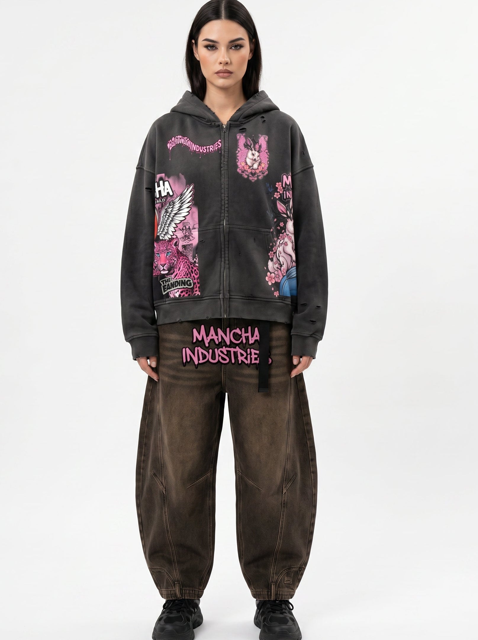Unisex Heavyweight Washed Distressed Dystopian Streetwear Zip-Up Hoodie(420GSM)